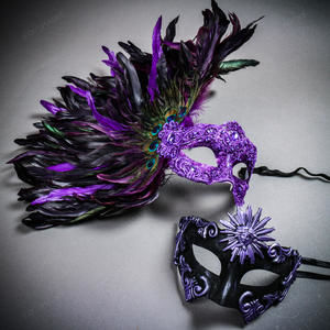 Purple Roman Greek Emperor & Side Peacock Feather Lace Couple Masquerade Masks